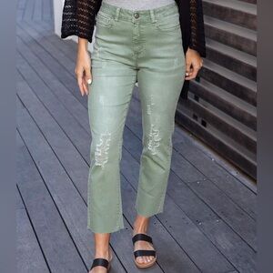 Grace & Lace Mel's Fave Distressed Cropped Straight Leg Denim Dusty Olive 16